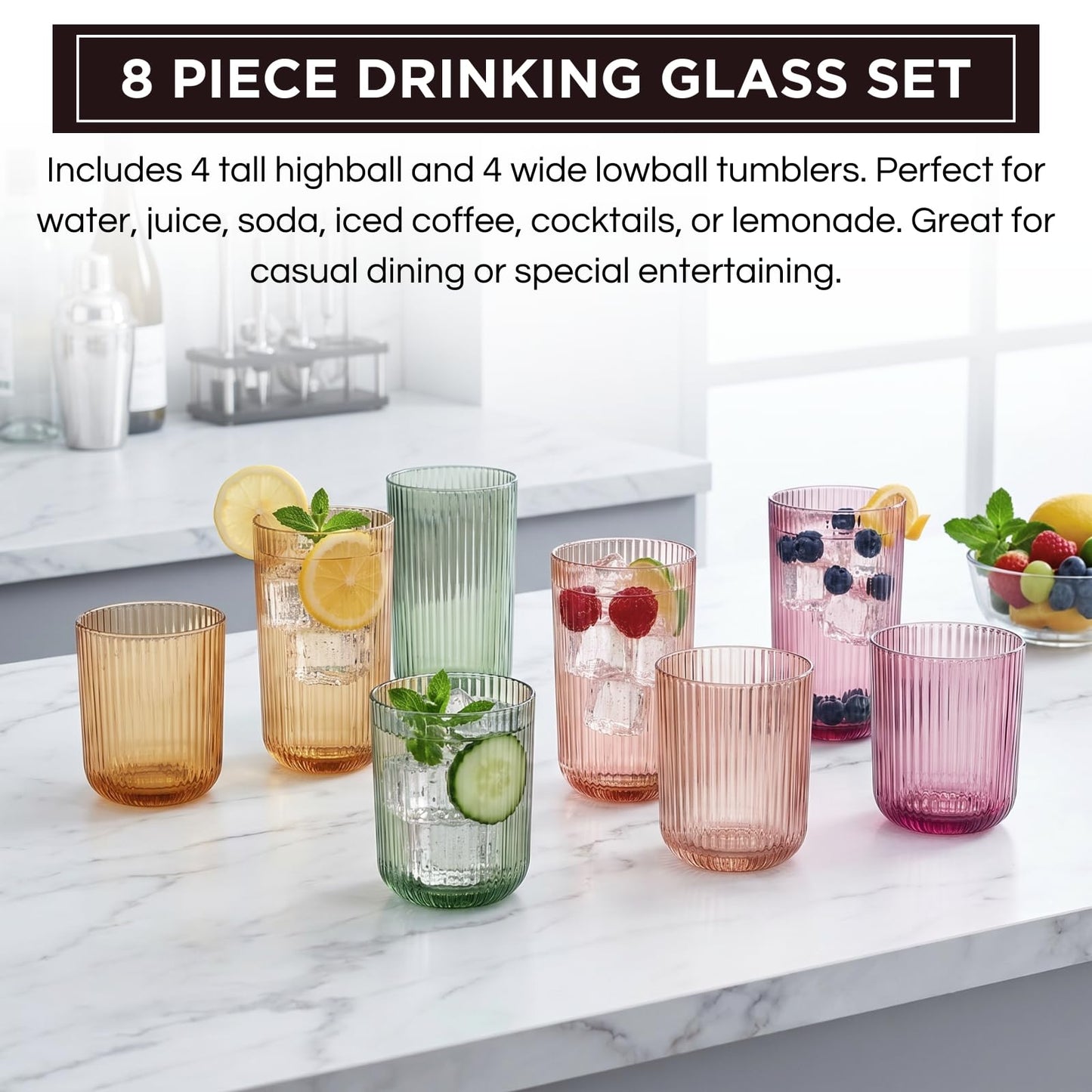Set of 8 Ribbed Glasses - 4 Highball Glasses & 4 Lowball