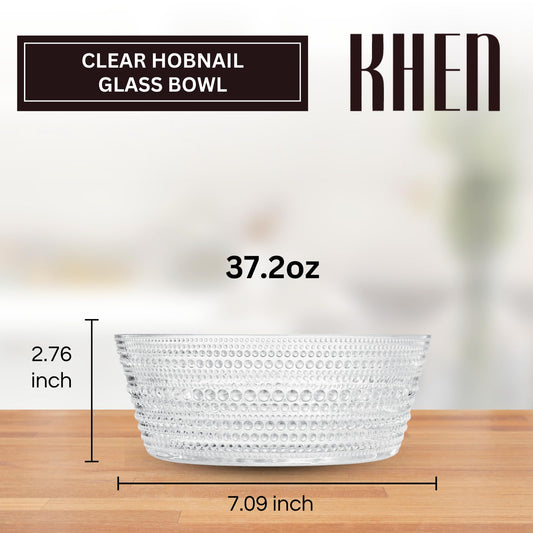 Khen Hobnail Glass Bowl Clear Vintage Style Textured Borosilicate Tableware Decorative Fruit Salad Centerpiece - 10 Inch