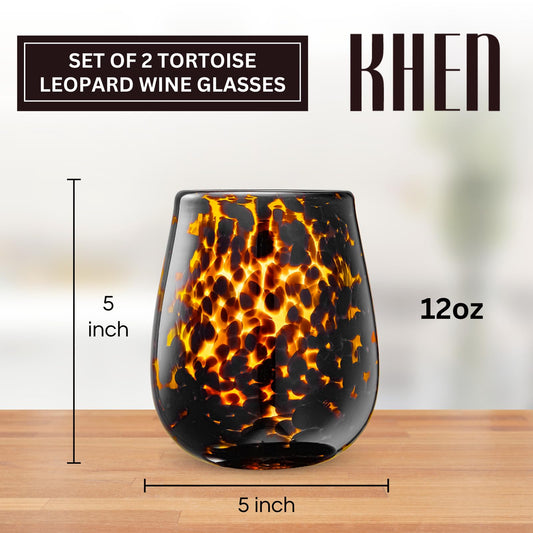 Leopard Print Amber Colored Stemless Wine Glass |  Set of 2