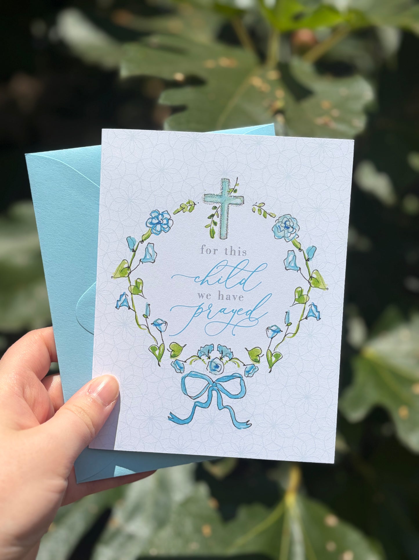 “For This Child We Have Prayed” Blue Greeting Card