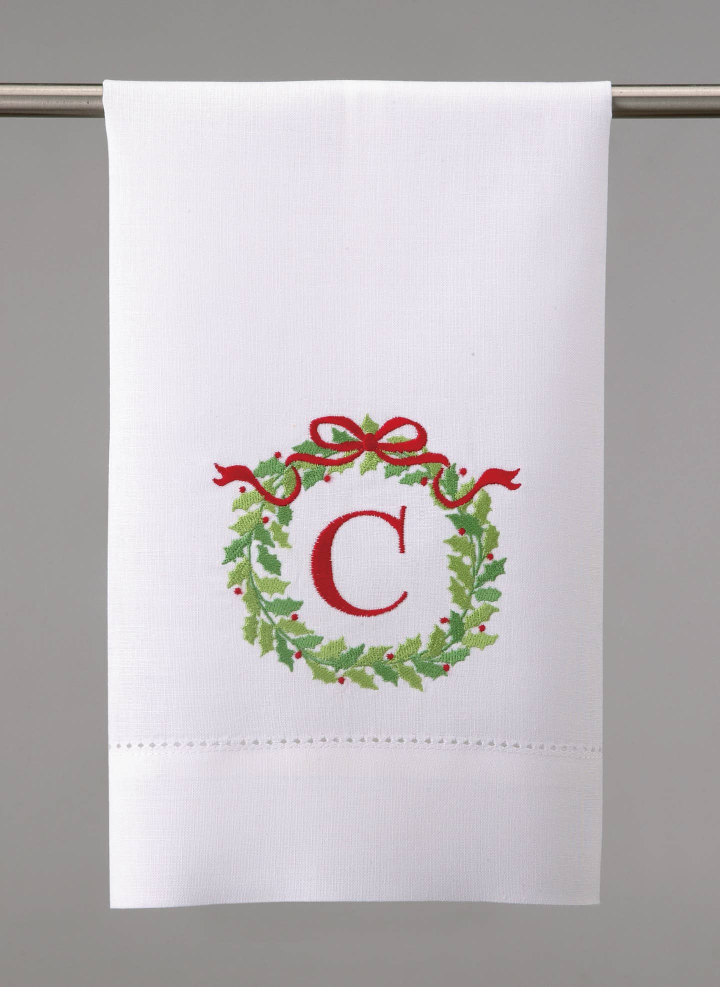 Embroidered Christmas Wreath Initial Guest Towel
