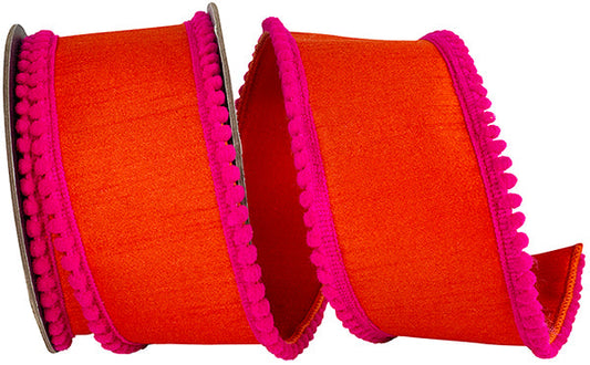 2.5" X 5 YRDS POM POM MINI EDGE TRIM DUPIONI DELUXE WIRED EDGE RIBBON ORANGE/FUCHSIA
