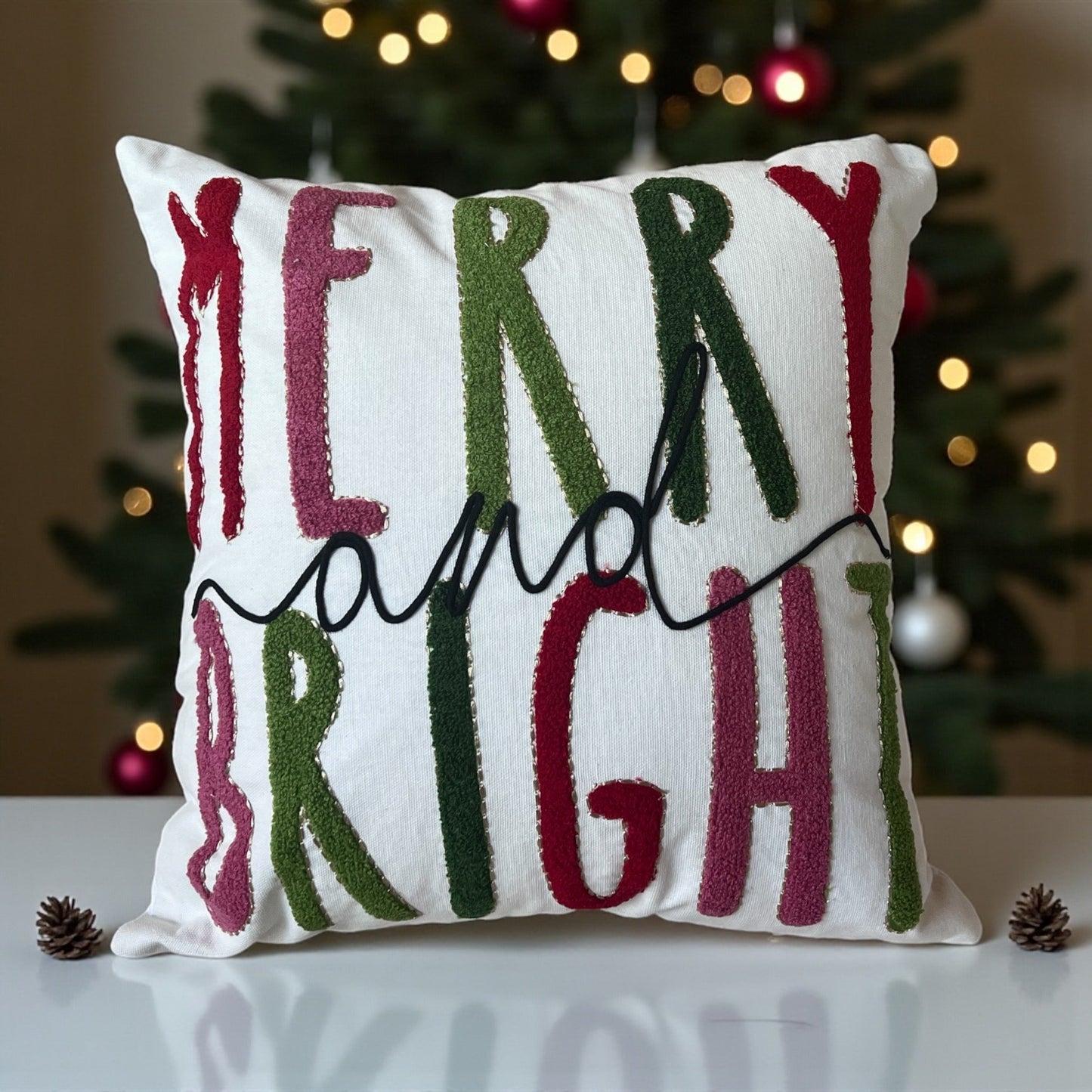 Merry and Bright Embroidered Christmas Themed Pillow