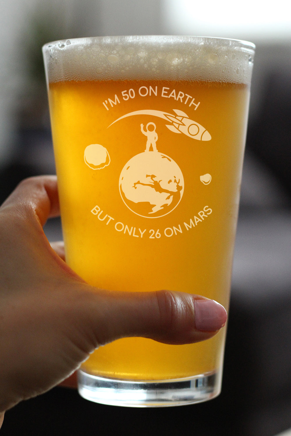 Age on Mars 50 - Pint Glass for Beer - Unique Funny 50th Birthday Gifts for Women and Men - 16 oz Glasses