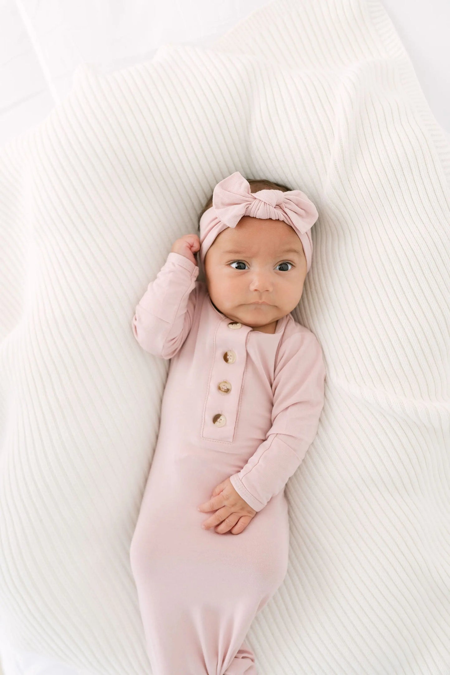 Knotted Baby Gown, Hat, Headband Set – Newborn Baby Girl Outfit - Dusty Rose