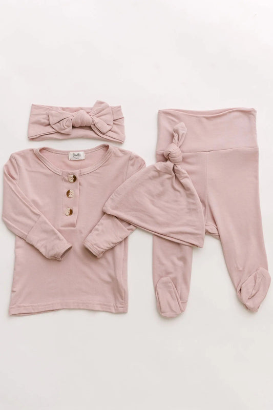 Top and Bottom Outfit Bow and Hat Set for Girls - Dusty Rose