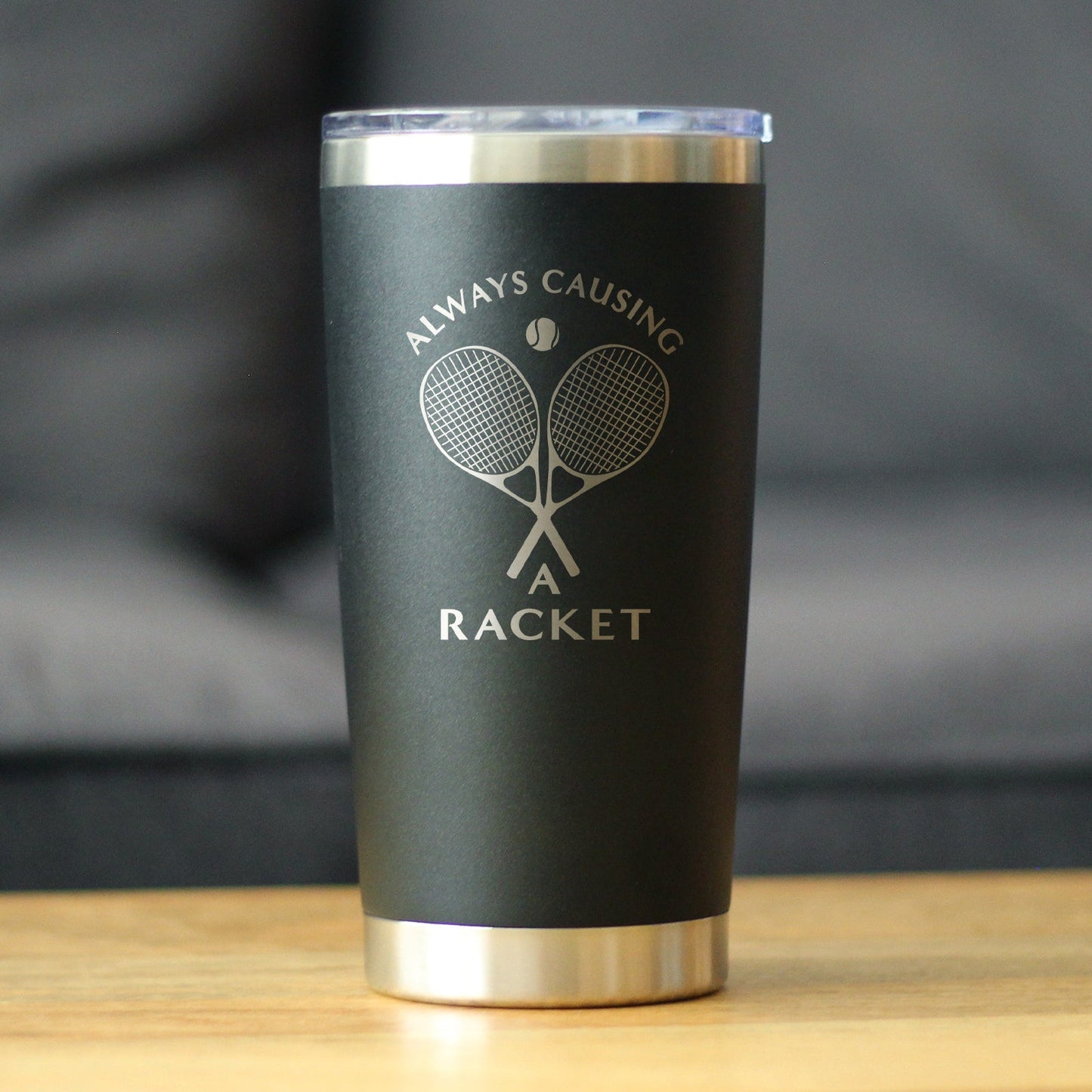 Causing A Racket - Insulated Coffee Tumbler Cup with Sliding Lid - Stainless Steel Insulated Mug - Funny Tennis Themed Gifts for Men & Women