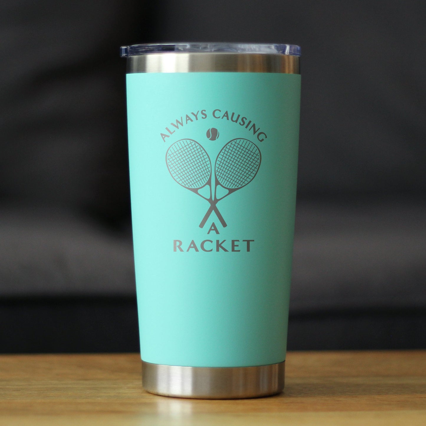 Causing A Racket - Insulated Coffee Tumbler Cup with Sliding Lid - Stainless Steel Insulated Mug - Funny Tennis Themed Gifts for Men & Women