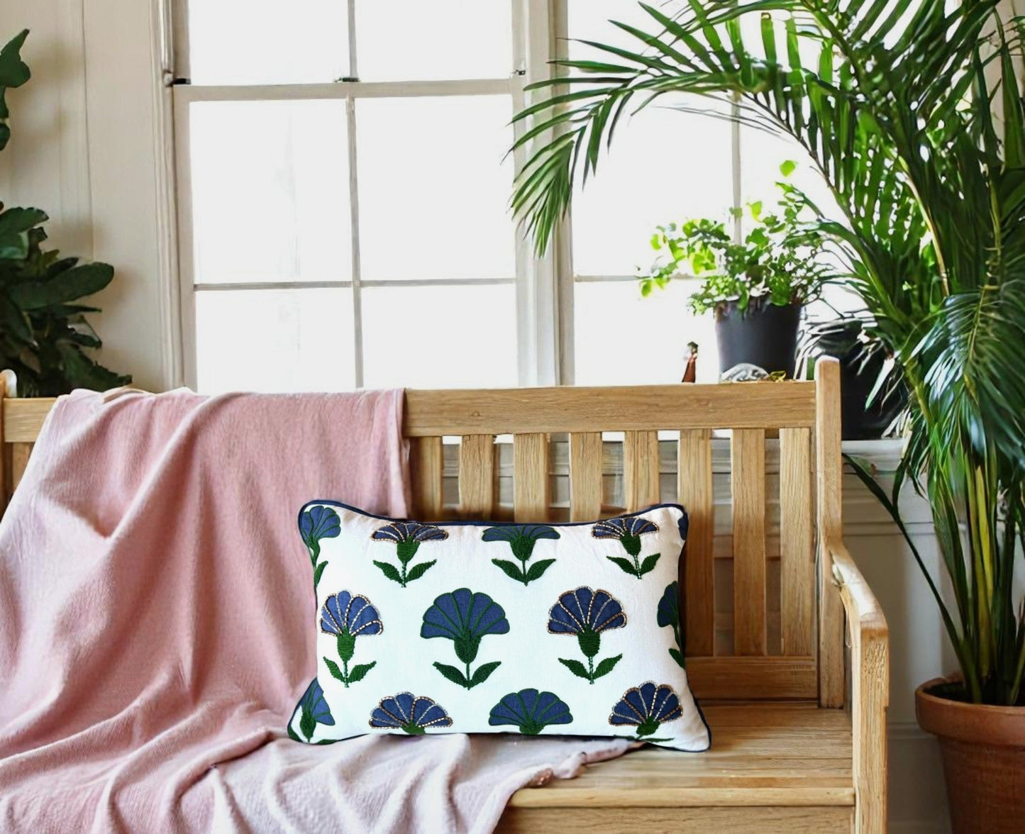 Embroidered Floral Blue Boho Accent Throw Pillow