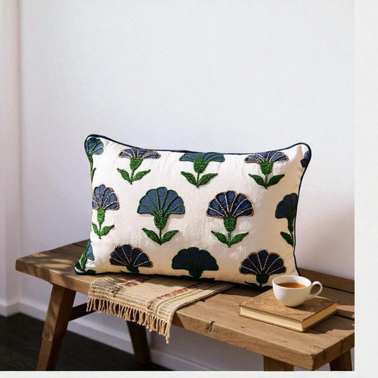 Embroidered Floral Blue Boho Accent Throw Pillow