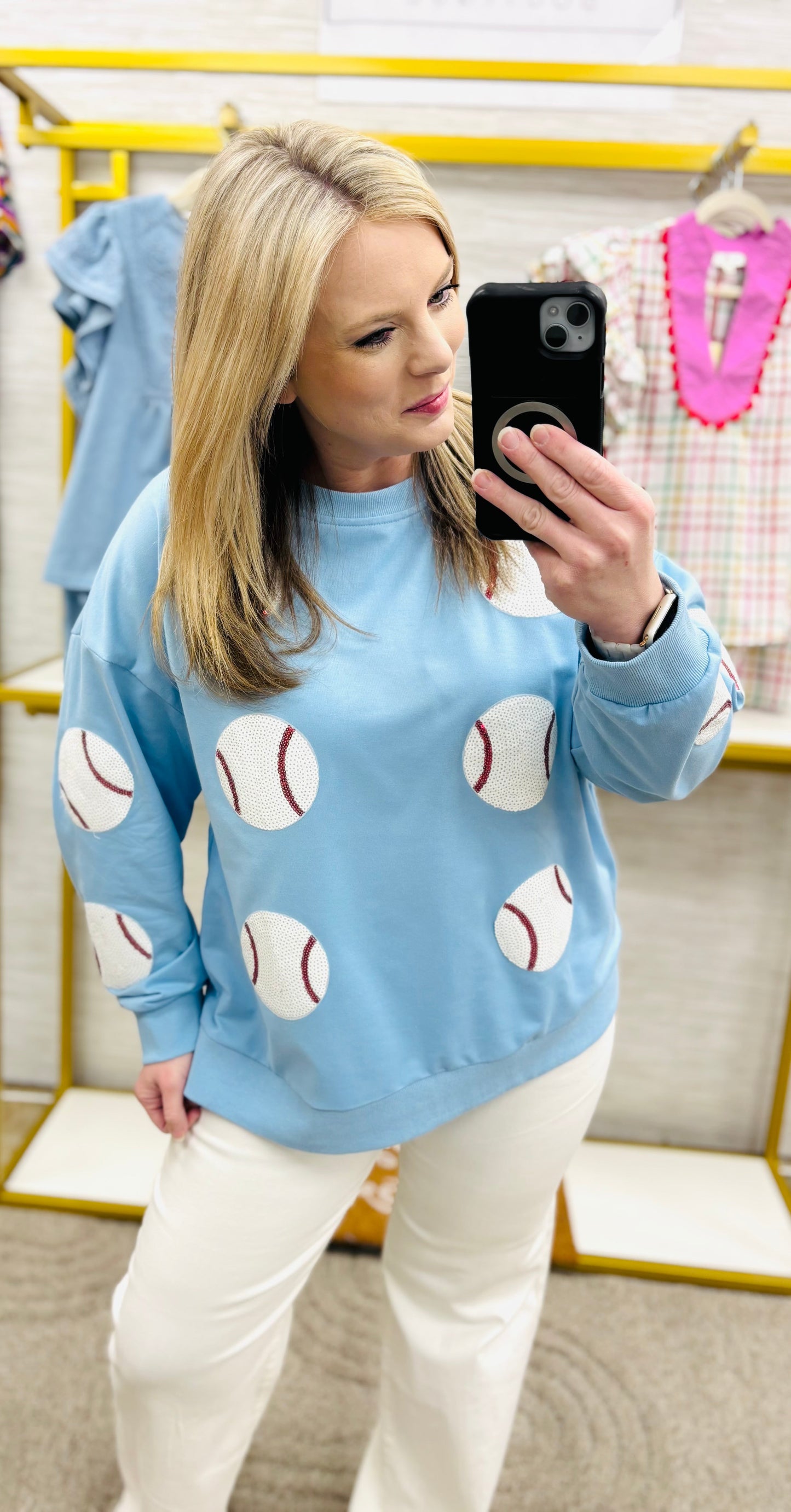 Denim Sequin Baseball Patches Pullover