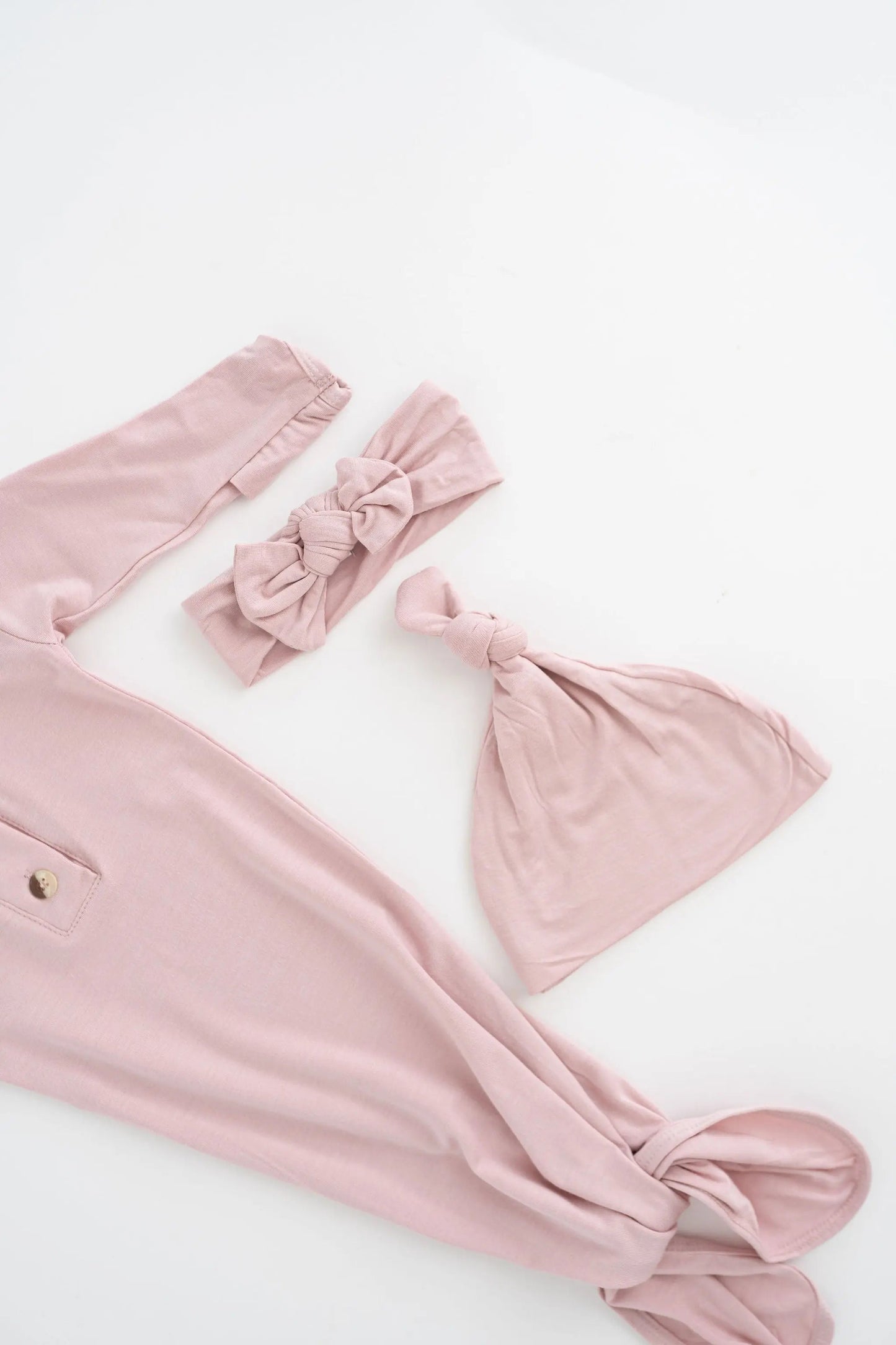 Knotted Baby Gown, Hat, Headband Set – Newborn Baby Girl Outfit - Dusty Rose