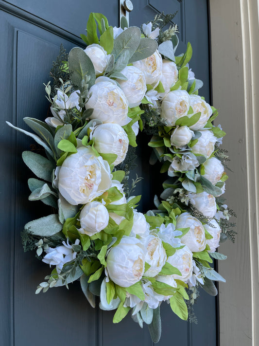 White Peony and Lambs Ear Spring Wreath
