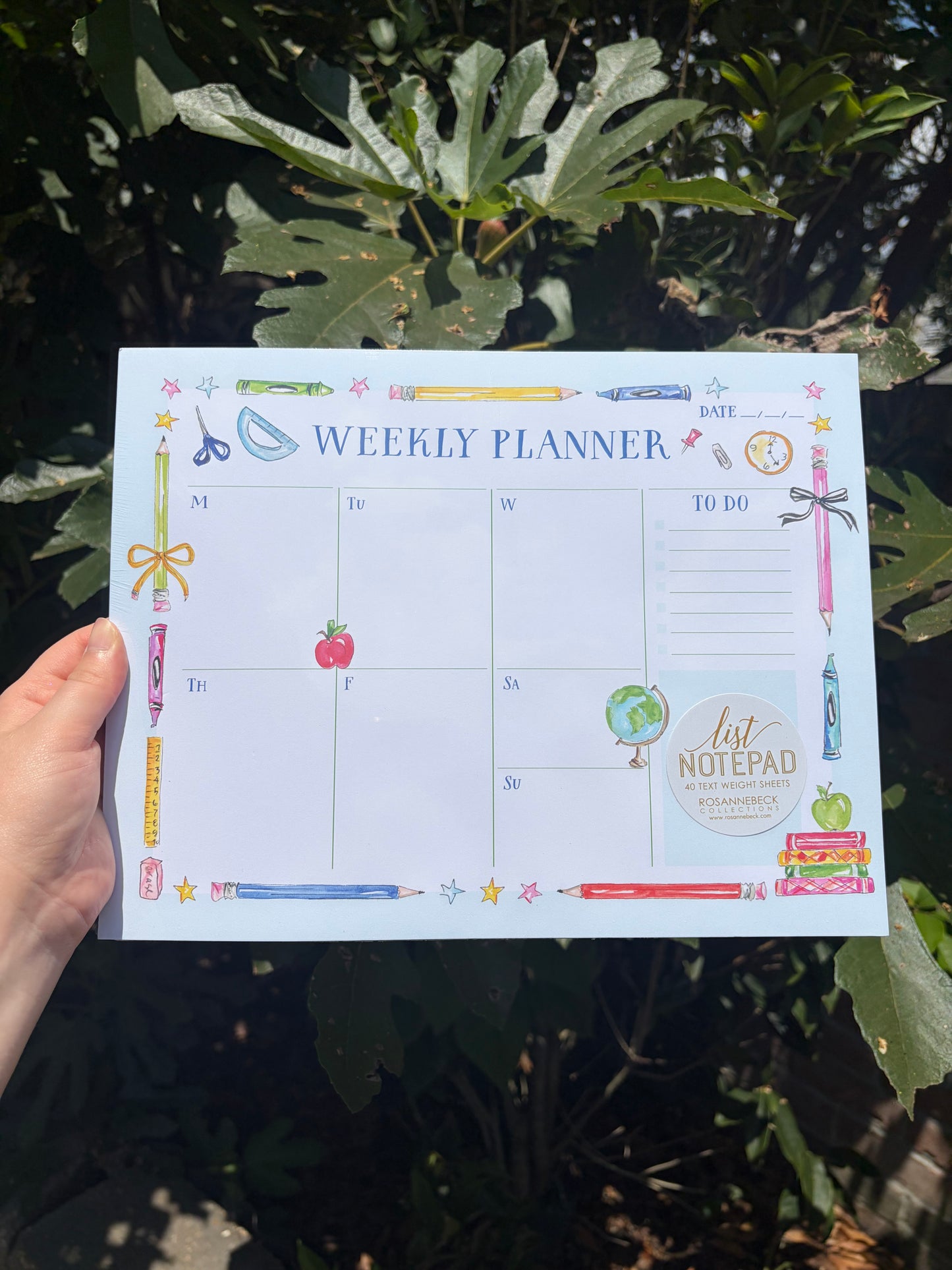 Handpainted “Weekly Planner” Teacher Icons Blue Desk Planner