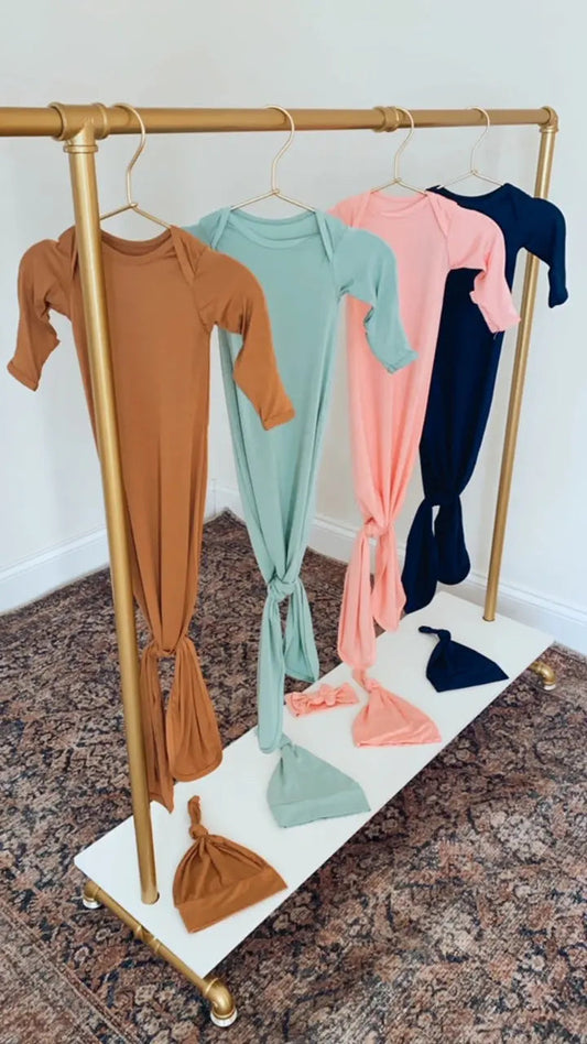 Newborn Knotted Baby Gown and Hat Set - Crew - (Newborn-3 months) Mint, Navy Blue, Pink, Camel Brown