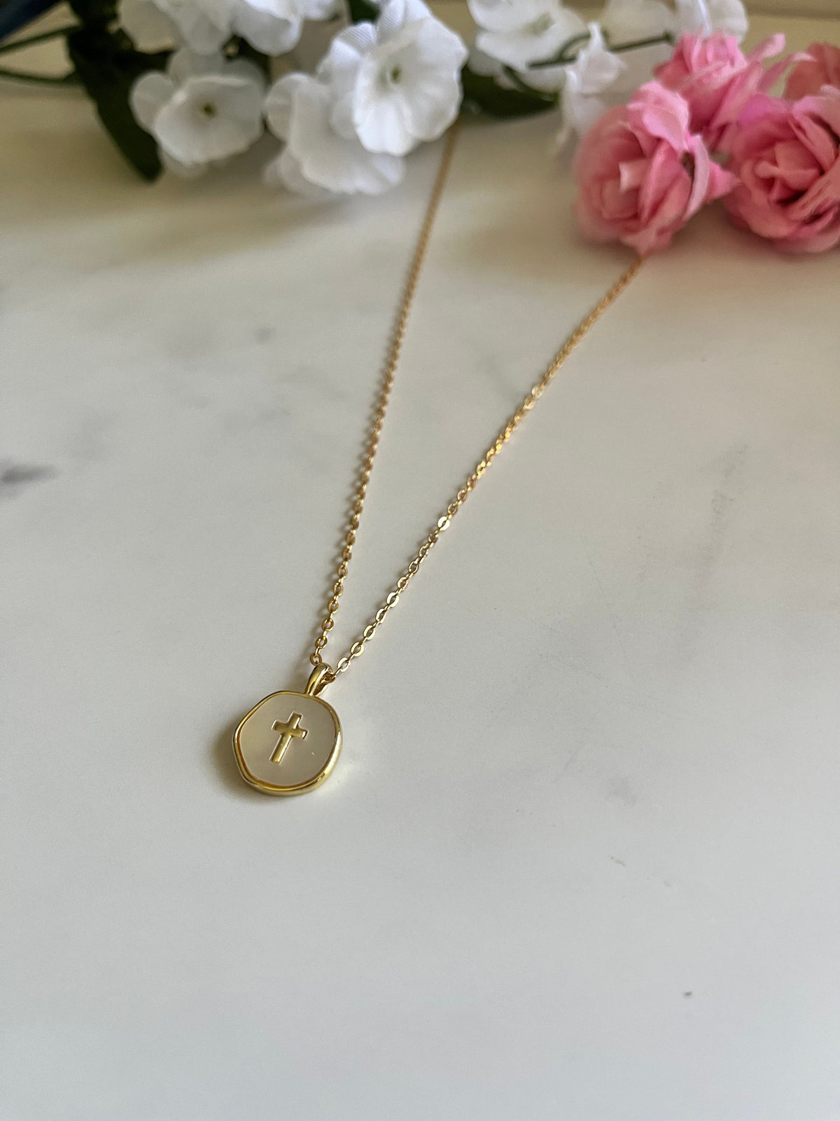 Gold Necklace with Pearl Cross