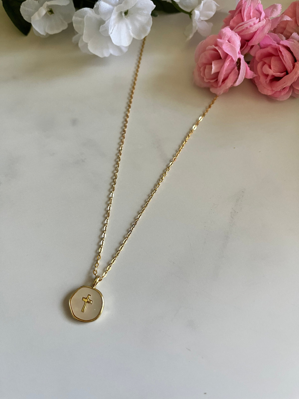 Gold Necklace with Pearl Cross
