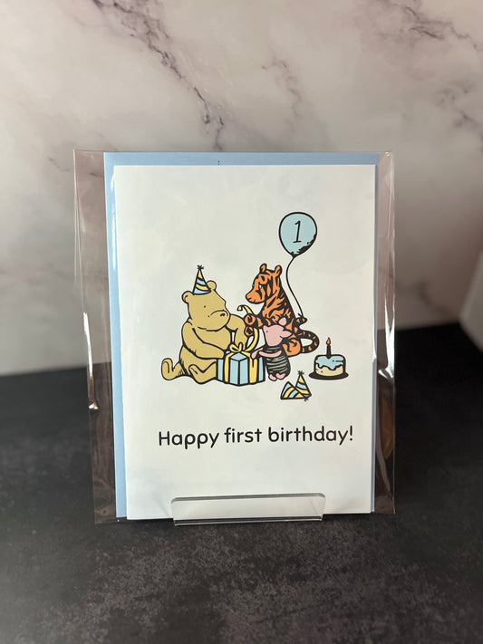 1st Birthday Blue Winnie the Pooh Card