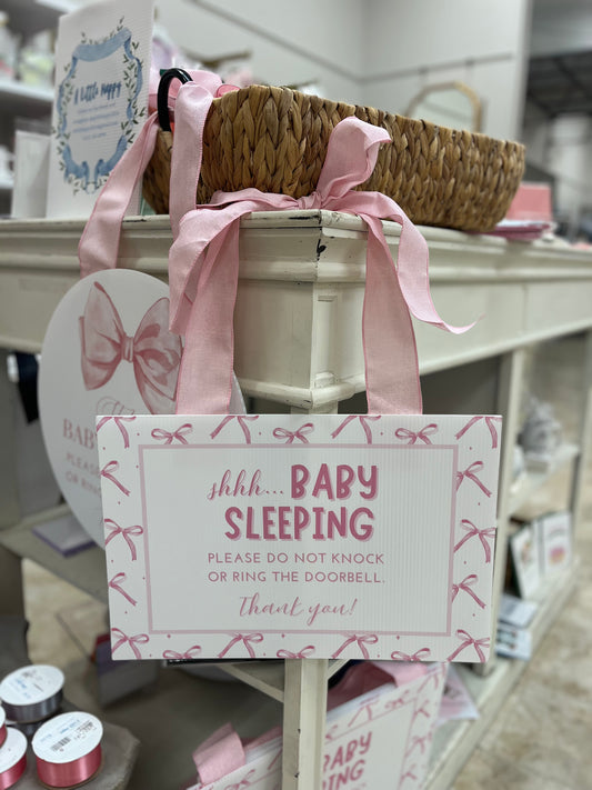 Pink Bow Round New Baby Door Hanger Sign