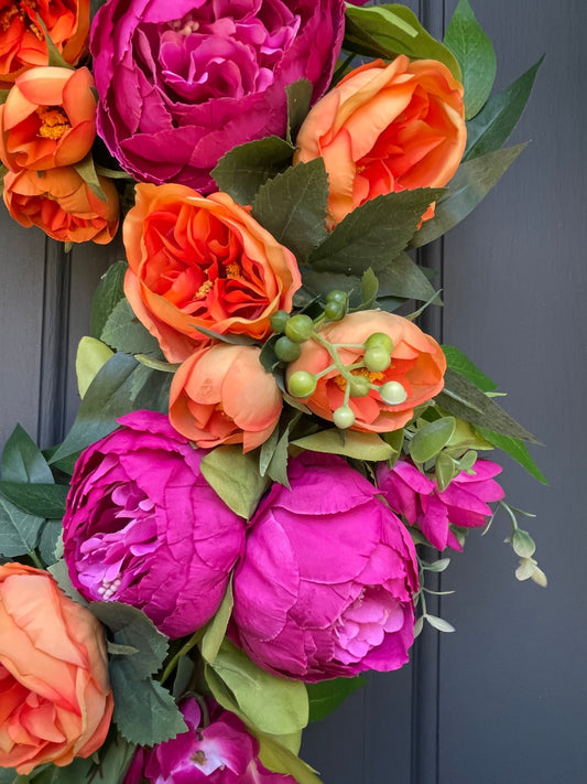 Bright Pink and Orange Peony Spring Wreath
