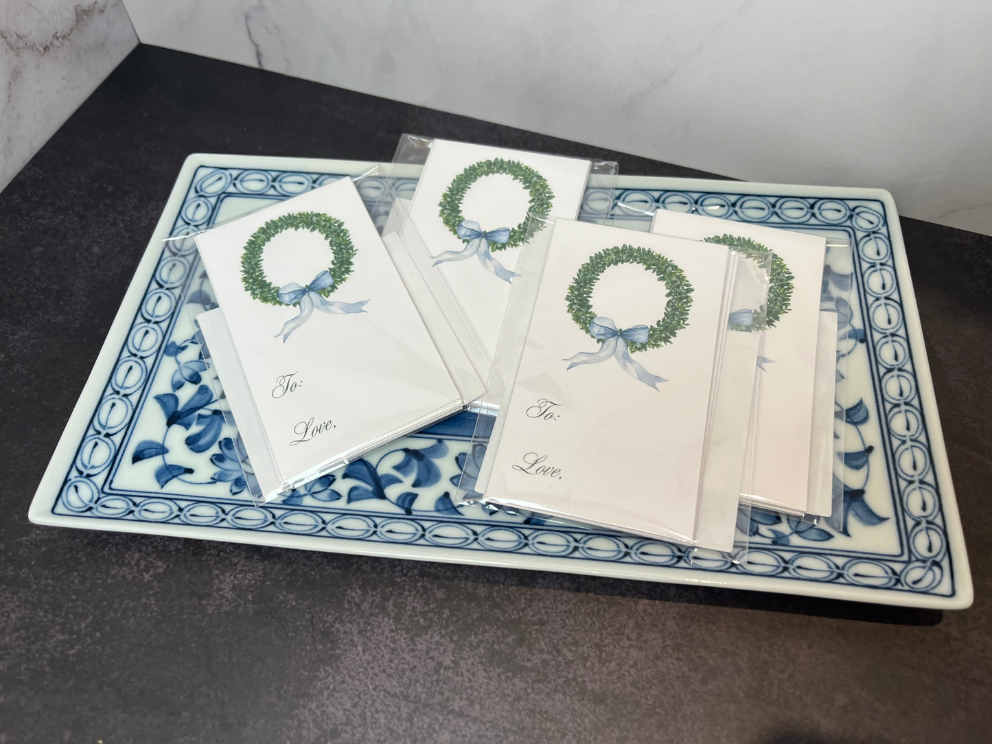 Boxwood Wreath with Blue Bow Card Stock Gift Tags