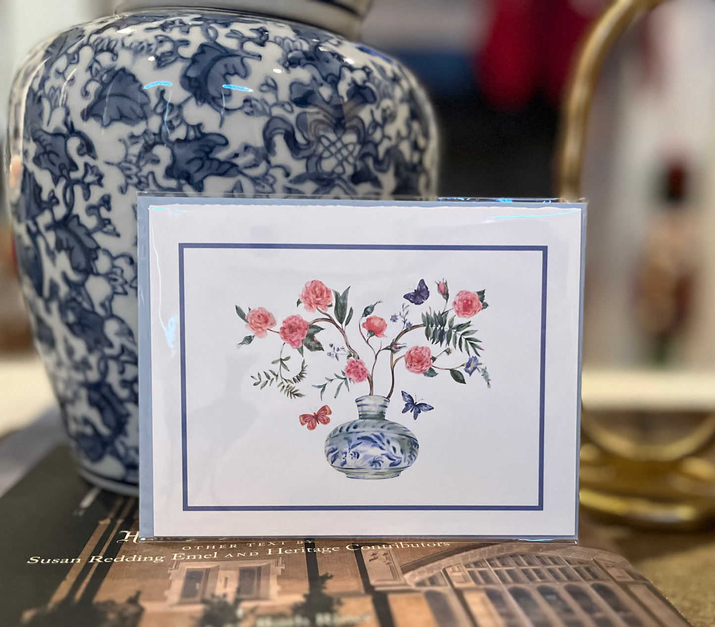 Chinoiserie Floral Folded Greeting Card with Gorgeous Blue Envelope