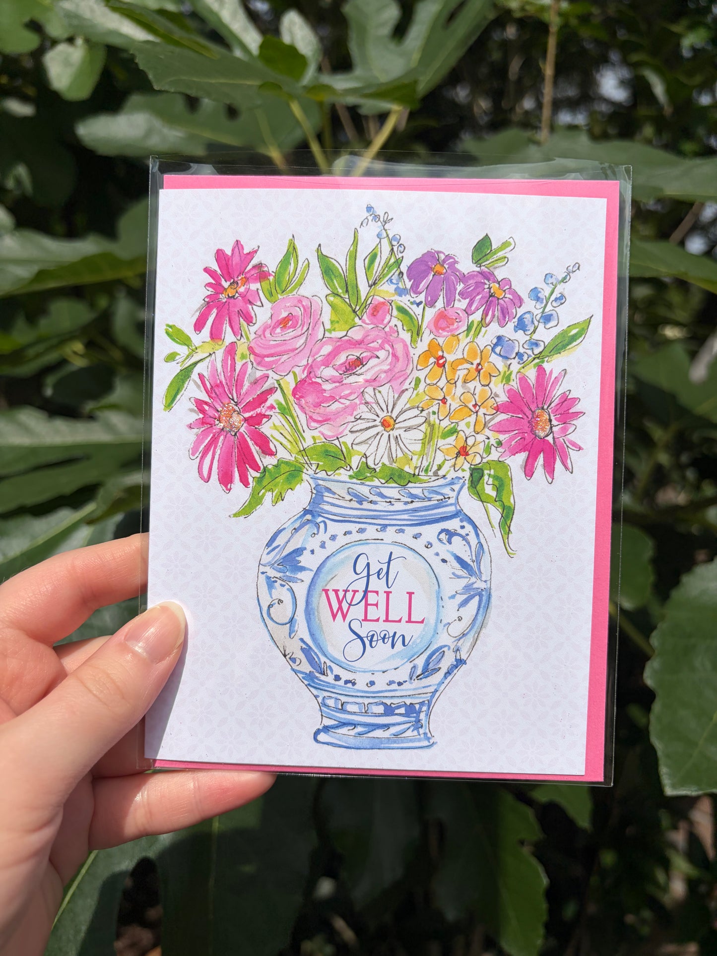 "Get Well Soon" Vase of Flowers Greeting Card