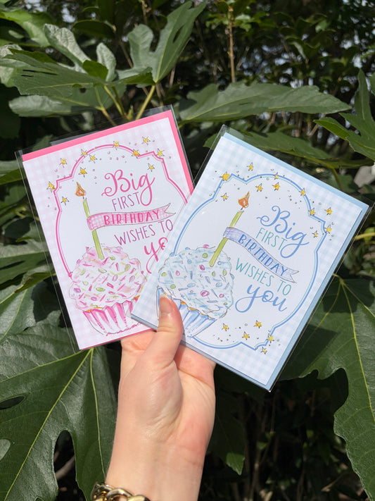 Pink "Big First Birthday Wishes to You" Greeting Card