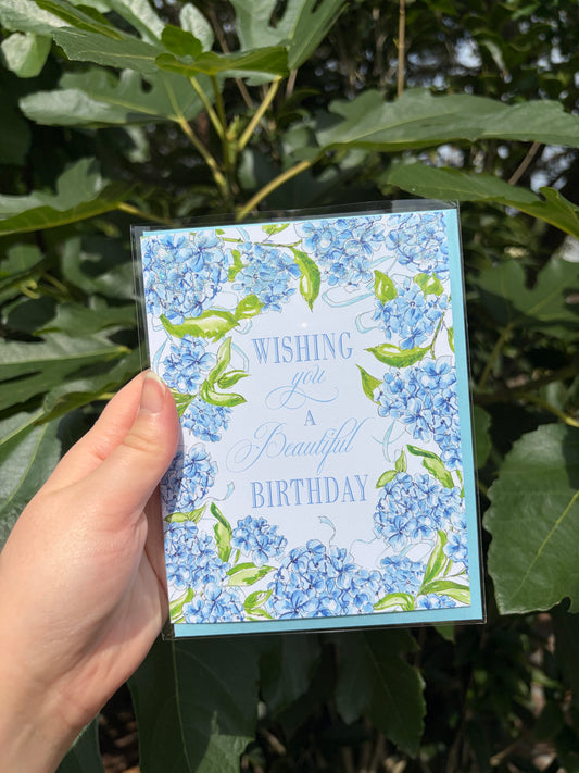 Happy Birthday Blue Hydrangea Border Greeting Card