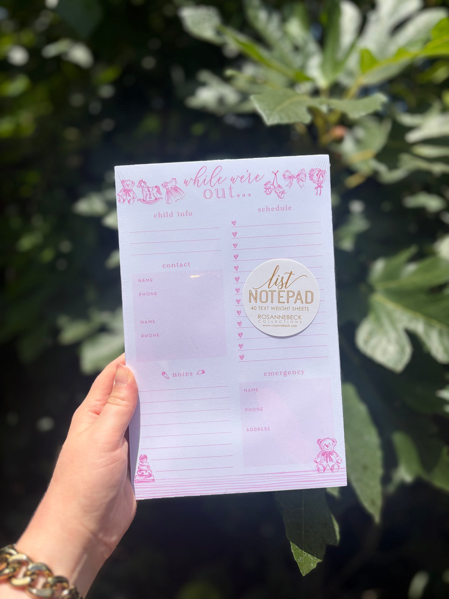 Handpainted "While We're Out" Baby Toille Pink Large Notepad