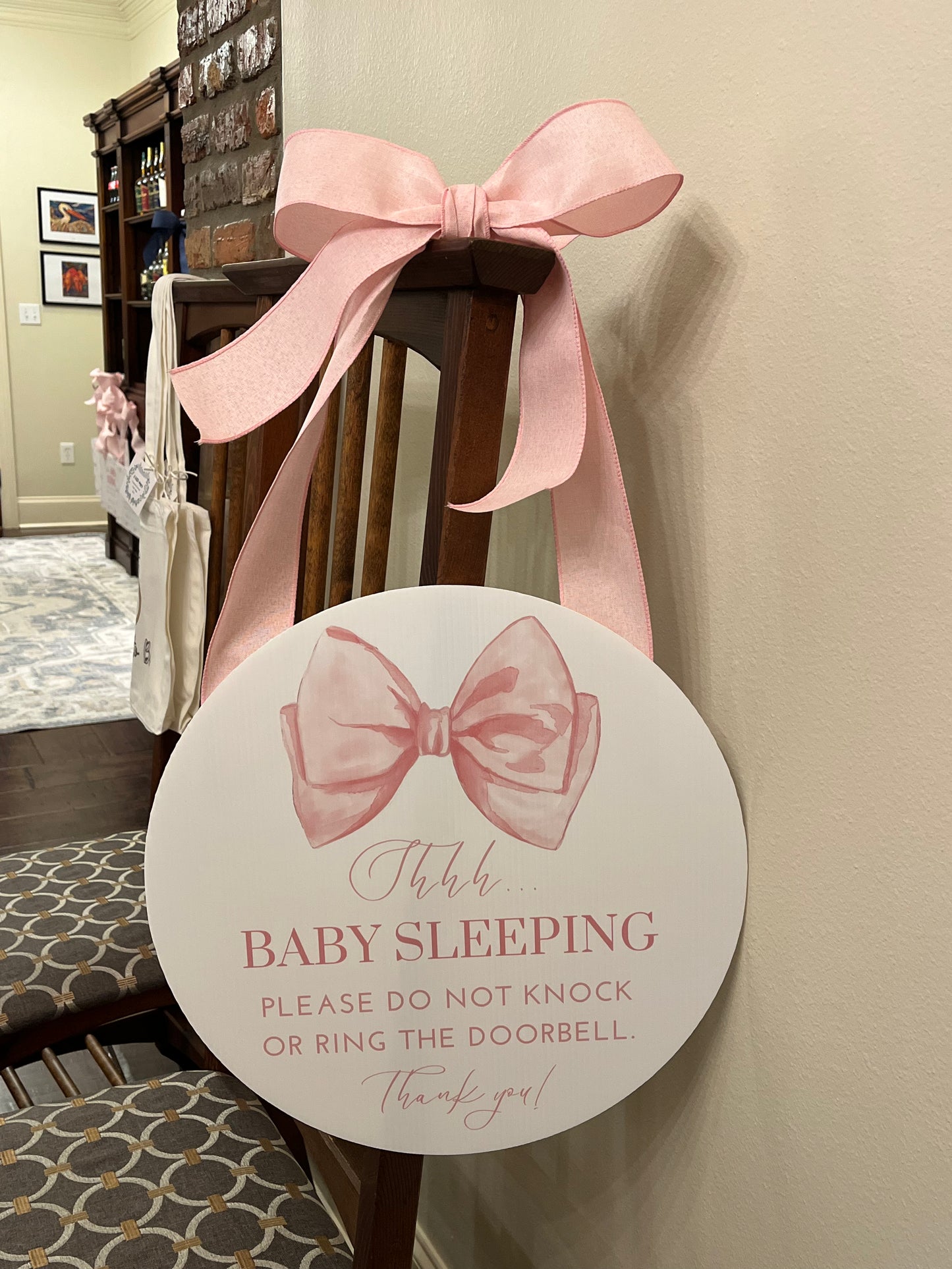 Pink Bow Round New Baby Door Hanger Sign