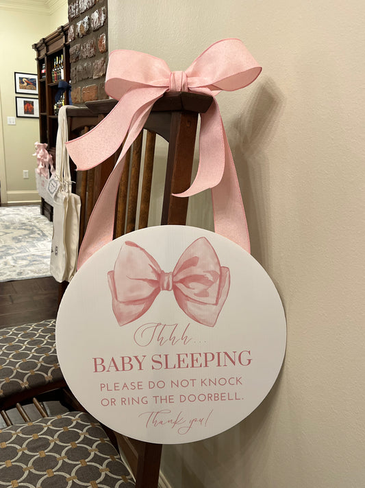 Pink Bow Round New Baby Door Hanger Sign