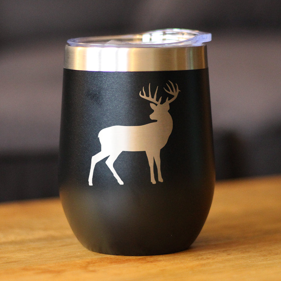 Deer Silhouette - Wine Tumbler Glass with Sliding Lid - Stainless Steel Travel Mug - Rustic Outdoors Gifts and Decor for Women and Men