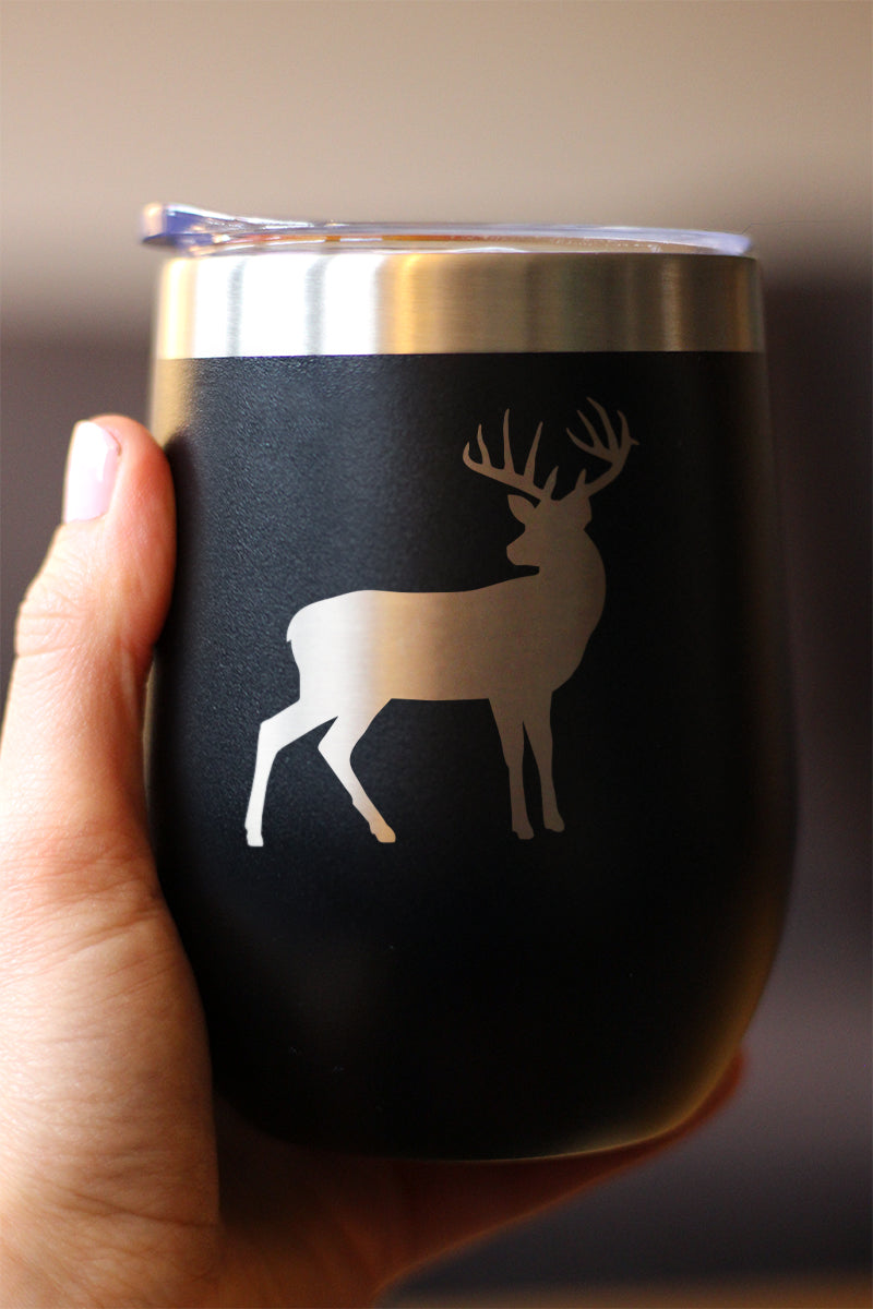 Deer Silhouette - Wine Tumbler Glass with Sliding Lid - Stainless Steel Travel Mug - Rustic Outdoors Gifts and Decor for Women and Men