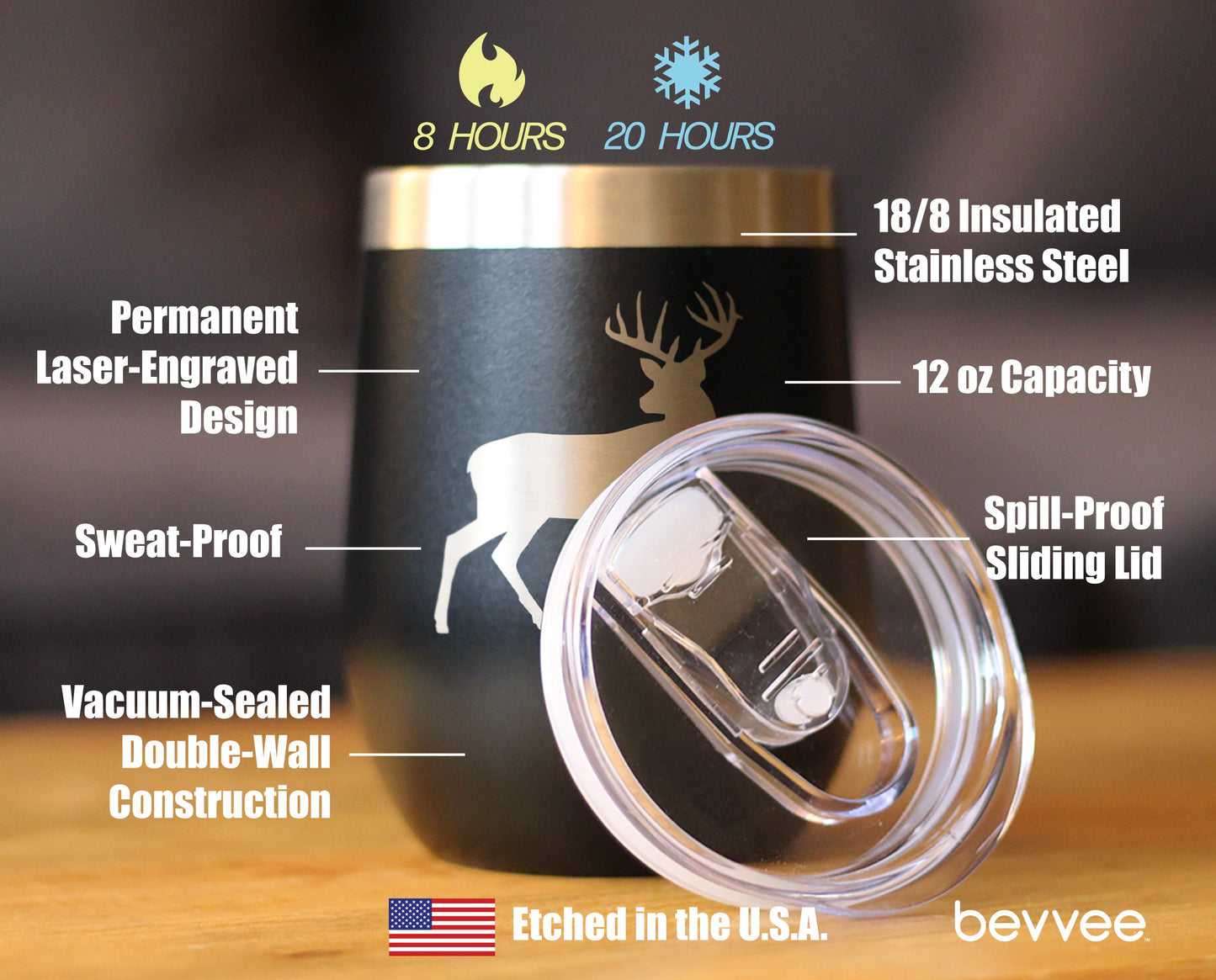 Deer Silhouette - Wine Tumbler Glass with Sliding Lid - Stainless Steel Travel Mug - Rustic Outdoors Gifts and Decor for Women and Men