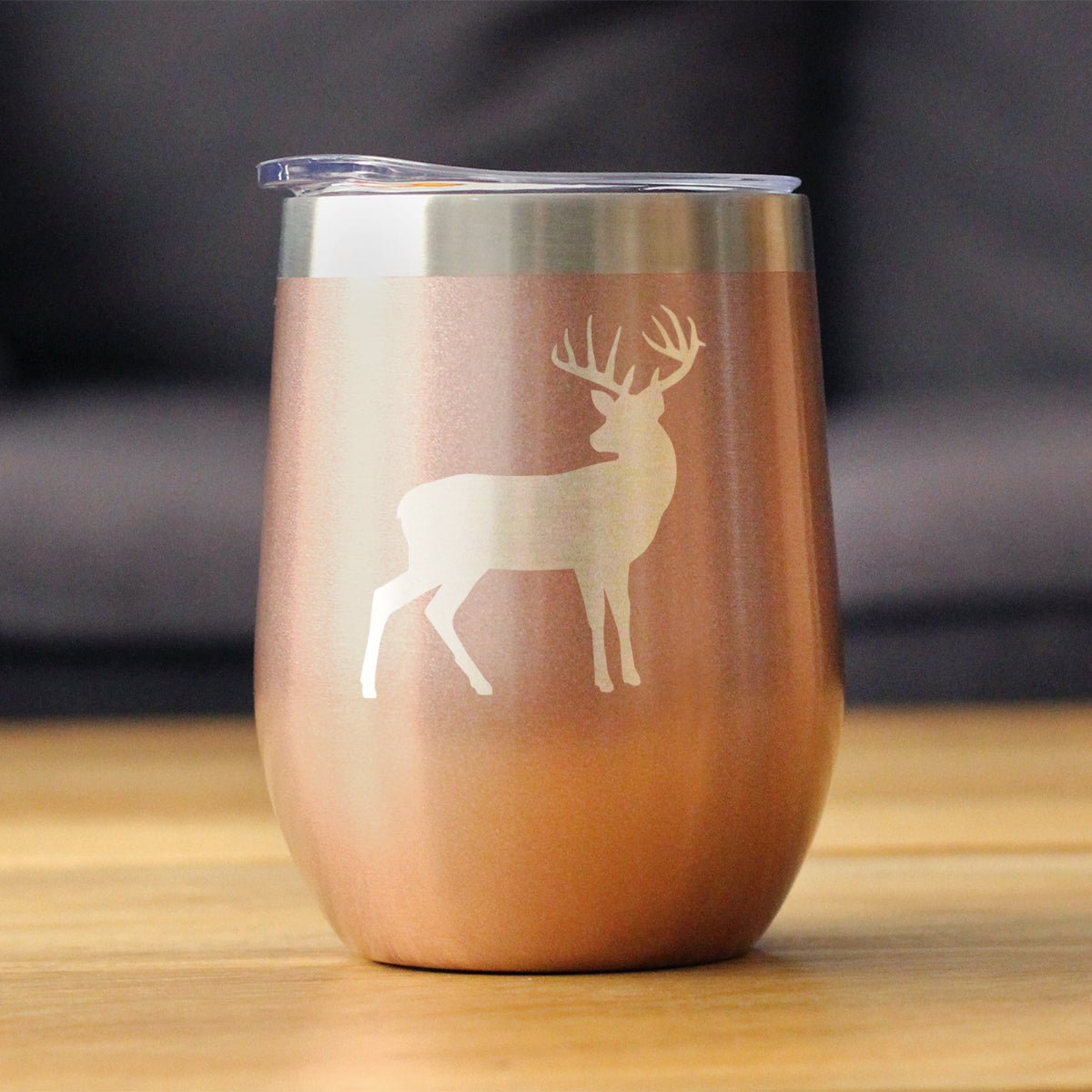 Deer Silhouette - Wine Tumbler Glass with Sliding Lid - Stainless Steel Travel Mug - Rustic Outdoors Gifts and Decor for Women and Men