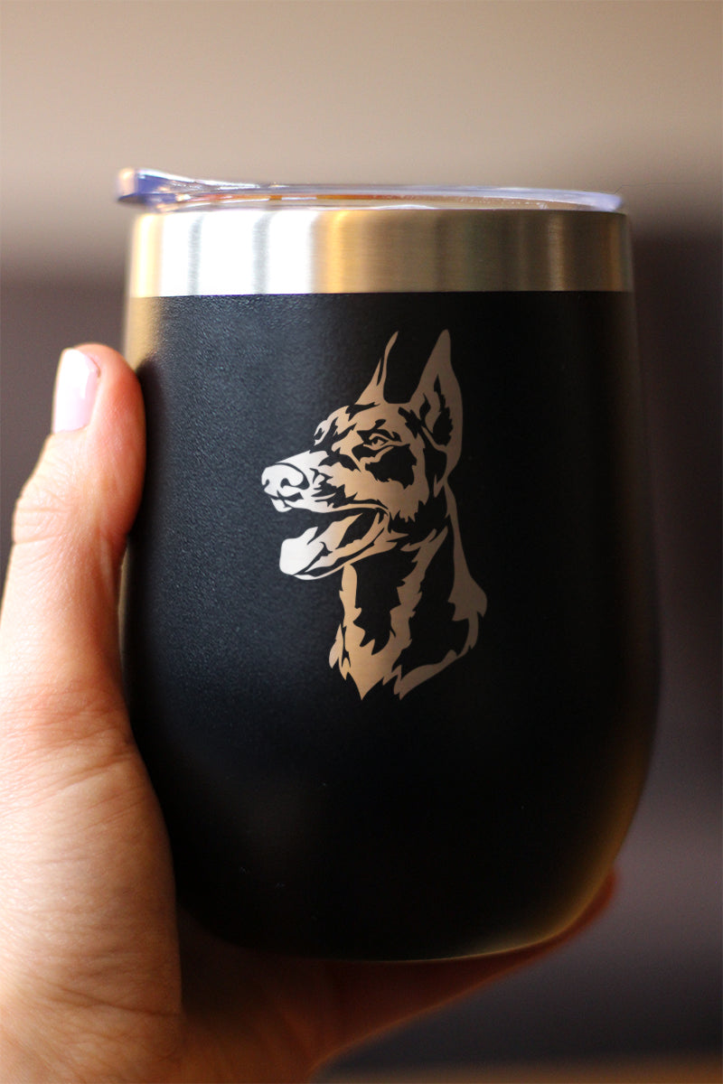 Doberman Face - Wine Tumbler Glass with Sliding Lid - Stainless Steel Travel Mug - Doberman Dog Gifts for Women and Men