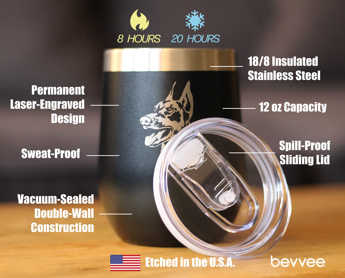 Doberman Face - Wine Tumbler Glass with Sliding Lid - Stainless Steel Travel Mug - Doberman Dog Gifts for Women and Men