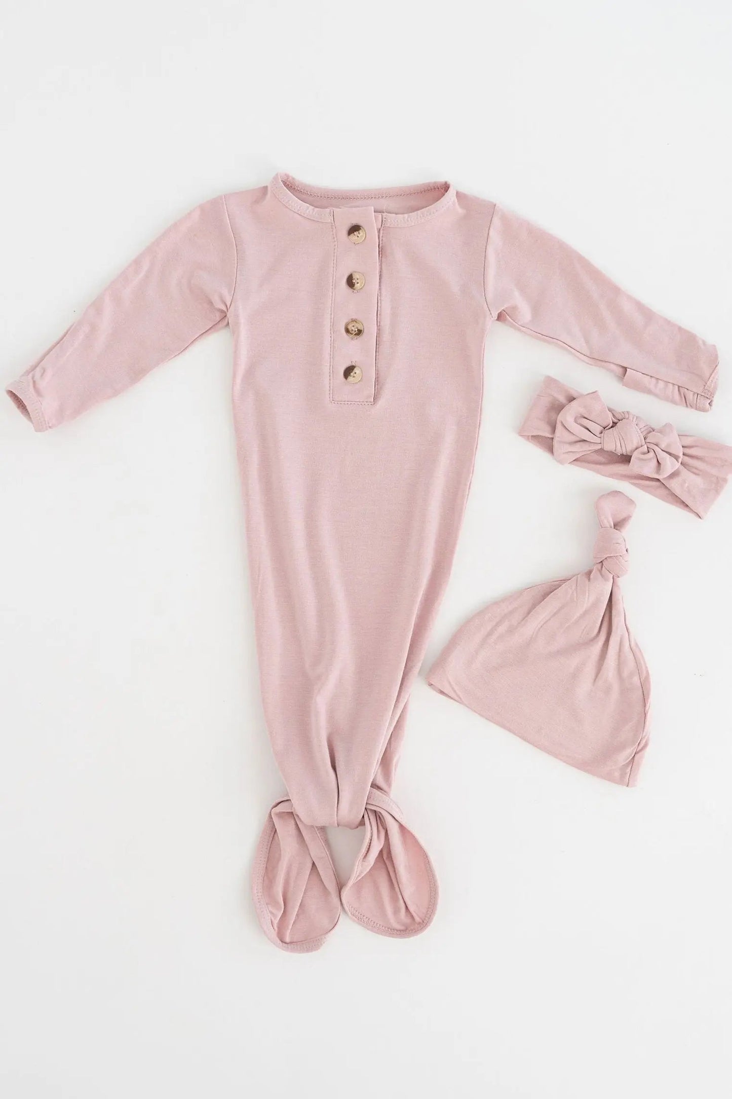 Knotted Baby Gown, Hat, Headband Set – Newborn Baby Girl Outfit - Dusty Rose