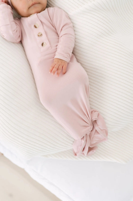 Knotted Baby Gown, Hat, Headband Set – Newborn Baby Girl Outfit - Dusty Rose