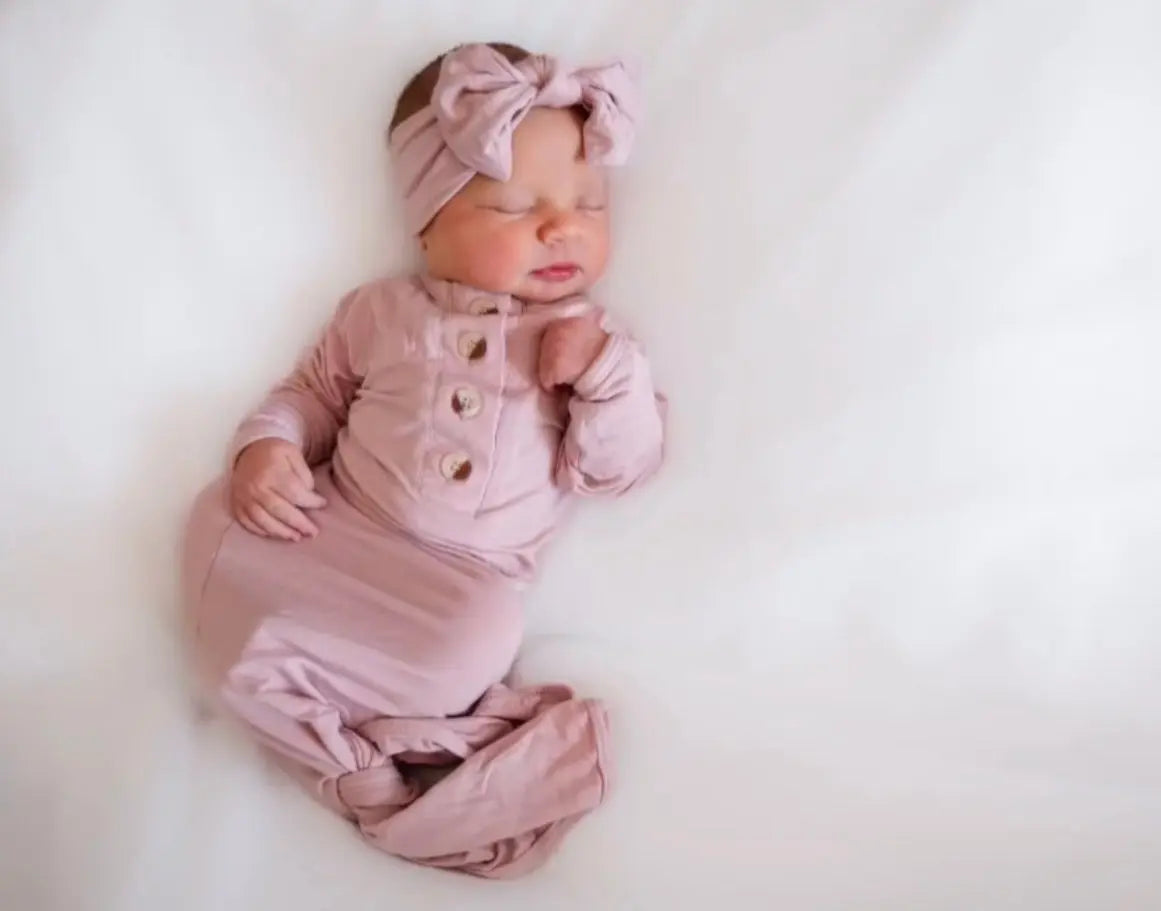 Knotted Baby Gown, Hat, Headband Set – Newborn Baby Girl Outfit - Dusty Rose