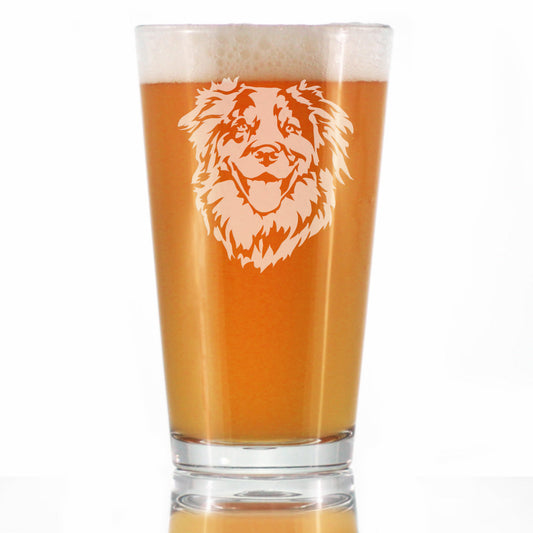 Australian Shepherd Face Pint Glass for Beer - Unique Dog Themed Decor and Gifts for Moms & Dads of Aussies - 16 Oz