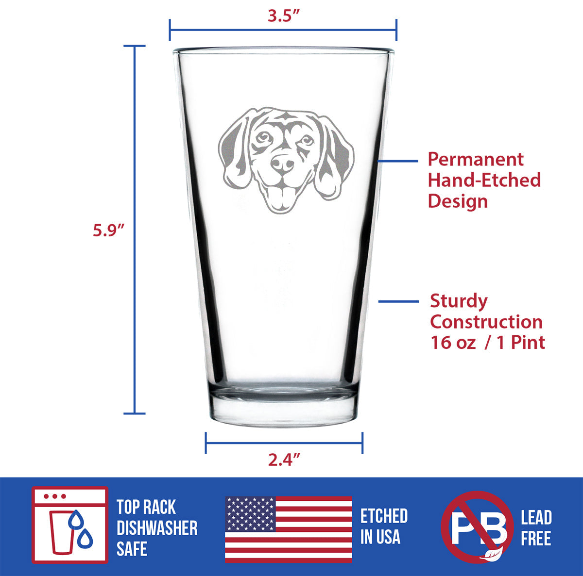 Happy Beagle Face Pint Glass for Beer - Fun Dog Themed Decor and Gifts for Moms & Dads of Beagles - 16 oz Glasses