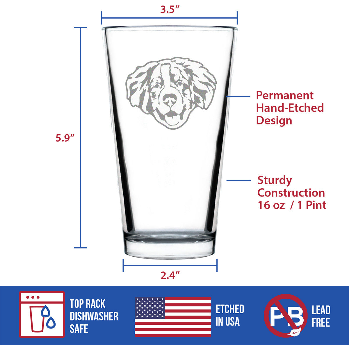 Bernese Mountain Dog Face Pint Glass for Beer - Unique Dog Themed Decor and Gifts for Moms & Dads of Berneses - 16 Oz