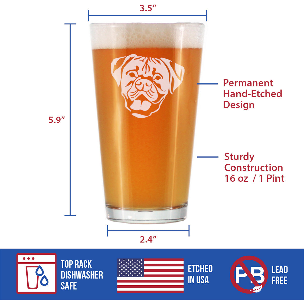 Boxer with Natural Ears - Pint Glass for Beer - Fun Unique Boxer Themed Dog Gifts and Party Decor for Women and Men - 16 oz