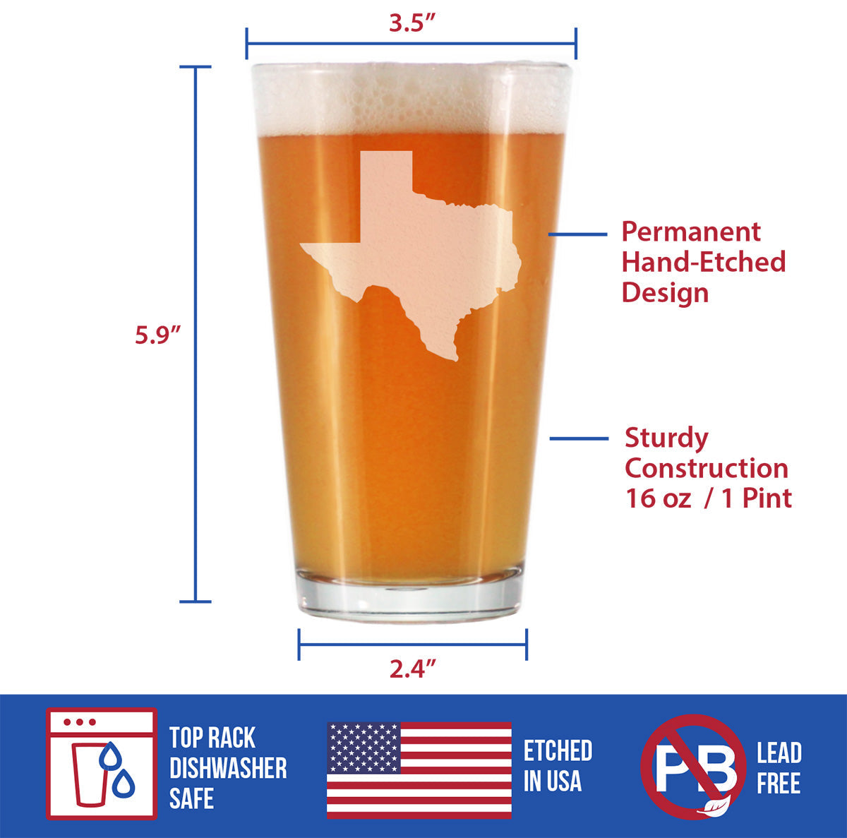 Texas State Outline Pint Glass for Beer - State Themed Drinking Decor and Gifts for Texan Women & Men - 16 Oz Glasses