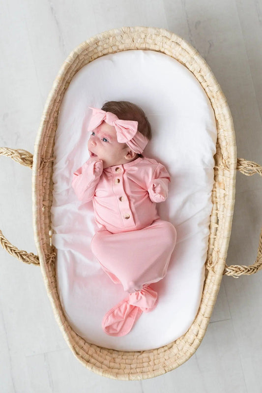 Newborn Knotted Baby Gown and Hat Set with Headband - Pink