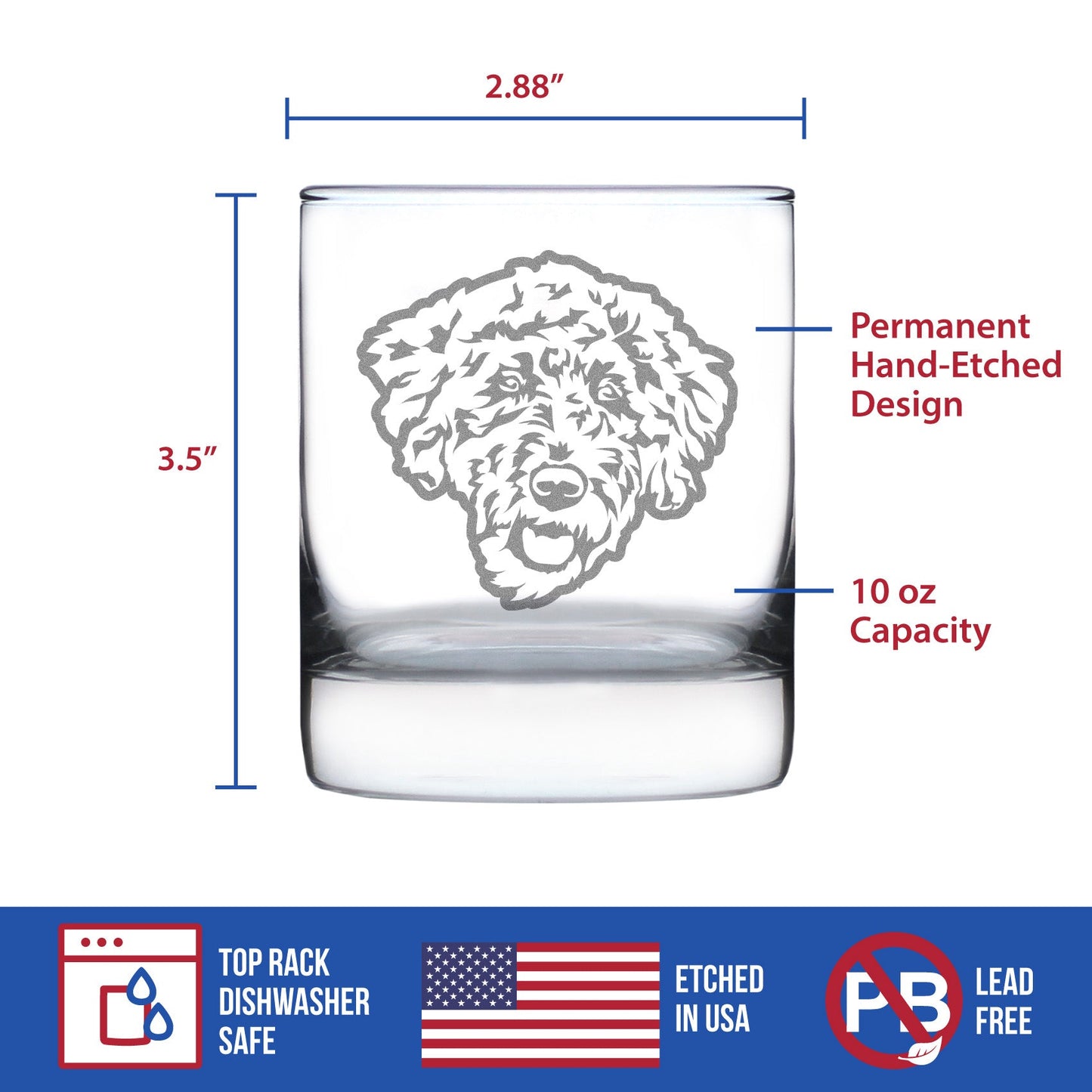 Labradoodle Face - Whiskey Rocks Glass - Labradoodle Gifts for Dog Lovers Women & Men - 10.25 oz Glasses