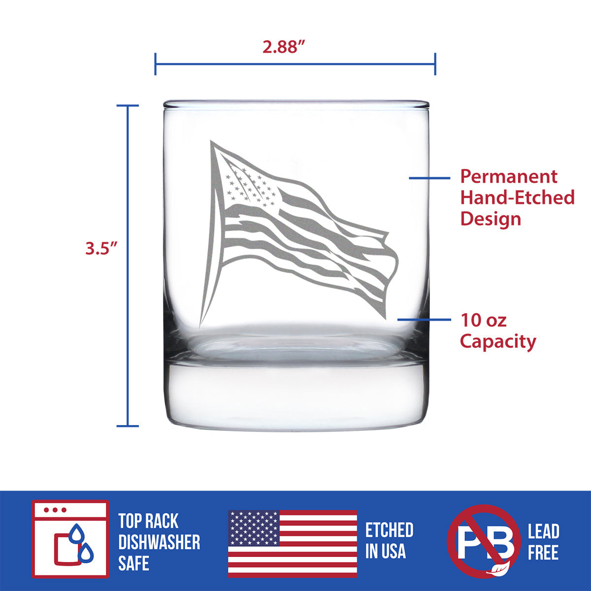 American Flag Whiskey Rocks Glass - USA Themed Drinking Decor and Gifts for Patriotic Women & Men - 10.25 Oz Whisky Tumbler Glasses