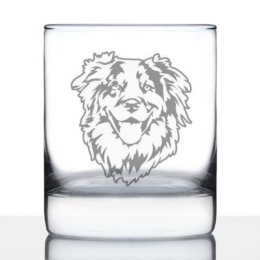 Australian Shepherd Face Whiskey Rocks Glass - Unique Dog Themed Decor and Gifts for Moms & Dads of Aussies - 10.25 Oz
